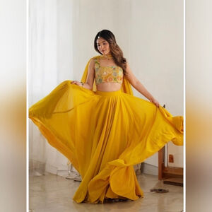 Yelllow Zari Embroidered Georgette Lehenga Choli Set